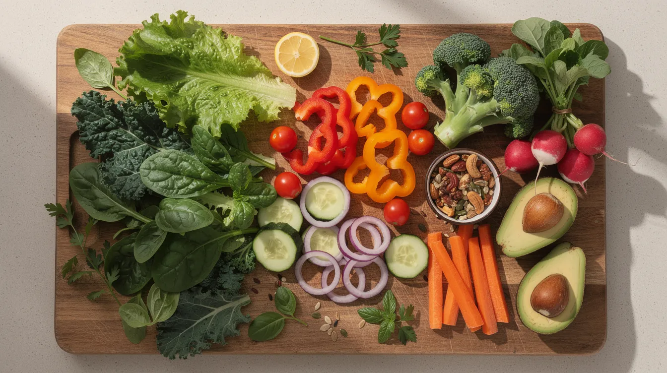 The image showcases a vibrant assortment of colorful vegetables, including leafy greens and fresh fruits, artistically arranged on a wooden cutting board, promoting liver health and supporting hormone balance through a diet rich in fiber-rich foods. This visually appealing display emphasizes the importance of nutritious ingredients in maintaining healthy liver function and overall well-being.