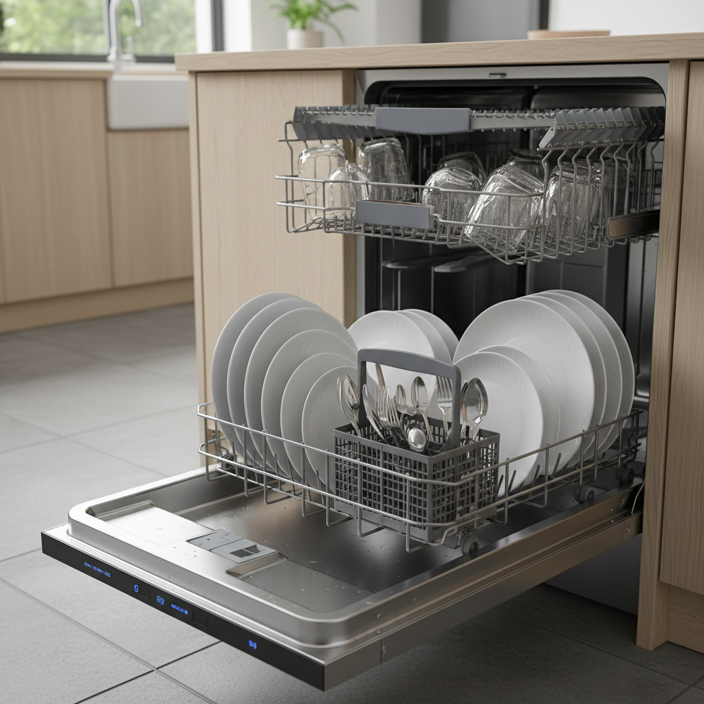 an unloaded dishwasher, open in the kitchen, with clean dishes inside.