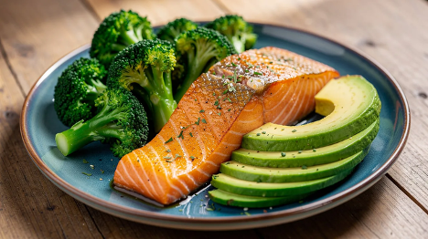 The image features a vibrant plate filled with steamed broccoli, grilled salmon, and sliced avocado, showcasing a meal rich in healthy fats and nutrients that can support liver health and overall well-being. This colorful combination emphasizes the importance of incorporating a variety of foods for optimal liver function and hormonal balance.