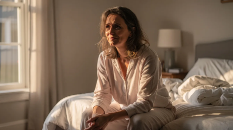 A woman in her late 40s sits on a bed, looking tired yet hopeful as morning light filters through the window, reflecting the challenges of hormonal imbalances and the journey towards achieving balance in her life. Her expression suggests a mix of resilience and the desire to support her hormonal health amidst the symptoms of hormonal changes she may be experiencing.