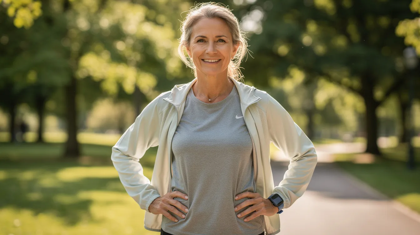 Alt text: The image depicts a middle-aged person enjoying the outdoors, radiating health and energy, likely benefiting from balanced hormone levels. Their vibrant appearance may suggest effective hormone metabolism, which plays a significant role in overall well-being and energy regulation.