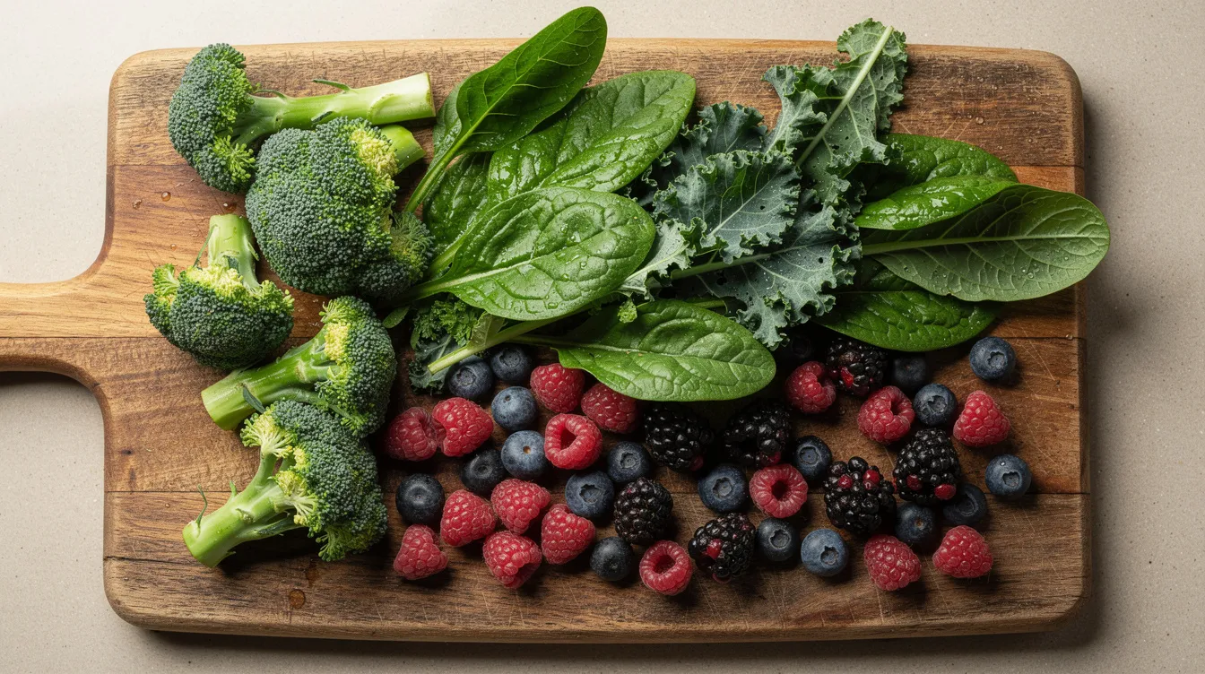 A vibrant array of fresh vegetables, including broccoli and leafy greens, alongside plump berries, is beautifully arranged on a wooden cutting board. This colorful spread highlights the importance of a hormone balancing diet that supports overall health and optimal hormone health.