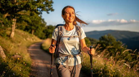 A middle-aged woman appears refreshed and energetic while hiking on a sunny trail, showcasing the positive effects of balanced hormone levels on energy production and mood. Her vibrant demeanor suggests a successful management of hormonal changes that often affect many women, contributing to improved emotional well-being and reduced fatigue.