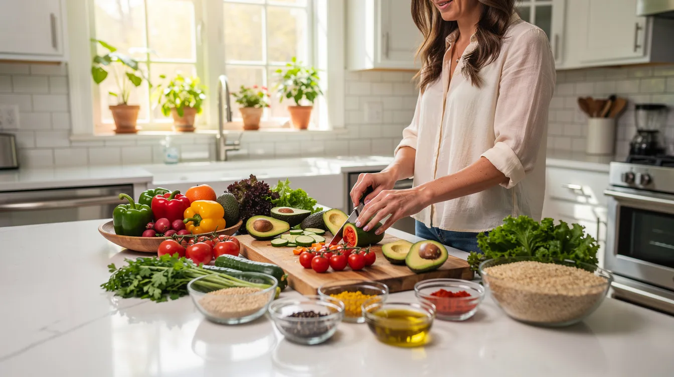 A person is standing in a bright kitchen, skillfully preparing a colorful and healthy meal with a variety of fresh vegetables and whole grains. This vibrant scene highlights the importance of a healthy diet in maintaining hormonal balance and overall well-being.