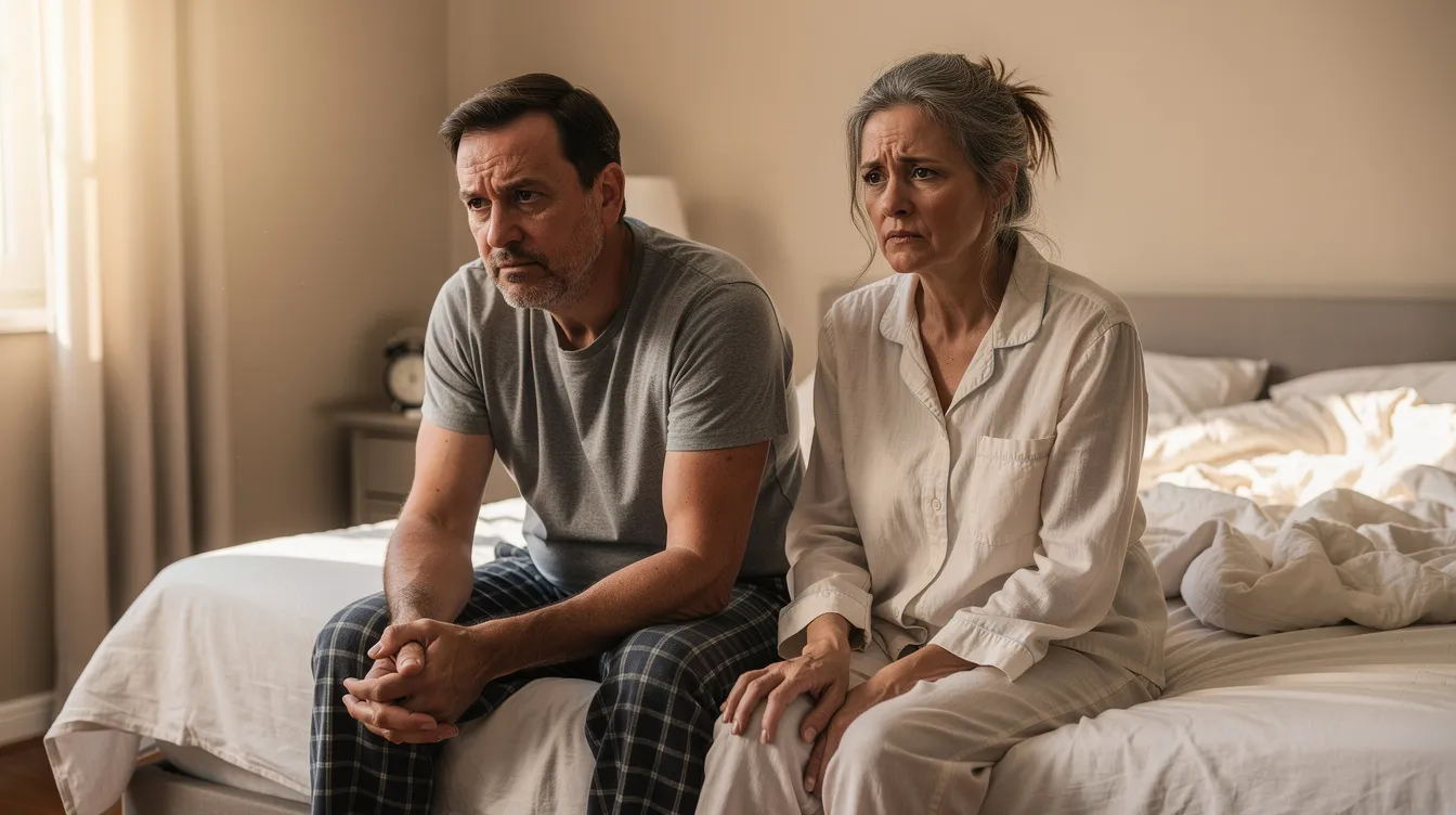 A middle-aged couple sits on the edge of their bed in the early morning, looking tired and overwhelmed, possibly reflecting the effects of chronic stress on their mental health and well-being. Their expressions suggest they may be struggling with everyday stressors that can elevate cortisol levels and impact their overall health.