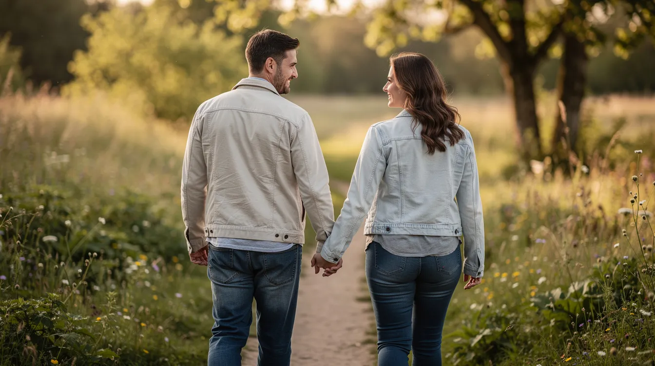 A Couple Walking Hand In Hand Outdoors